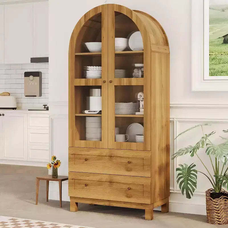 Acekool Farmhouse Arched Pantry Cabinet, Tall Kitchen Storage Cupboard with Drawers, Adjustable Shelves & Acrylic Doors, Light Oak