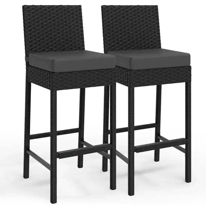 Garvee Patio Wicker Barstools With Cushions, Outdoor Wicker Bar Stools Set of 2, Rattan Bar Height Stool Set Armless for Backyard, Poolside