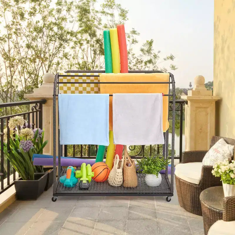 Outdoor Pool Towel Rack, 5 Bar Pool Towel Stand with Rattan Base, Towel Freestanding Rack for Poolside, Patio, Bathroom, Clothing Drying Rack