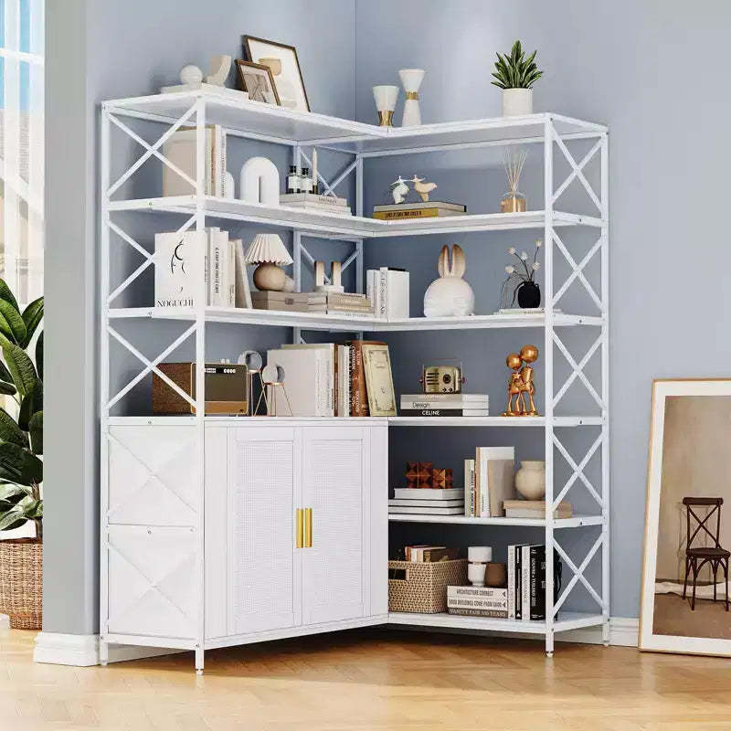 Farmhouse Corner Bookshelf,6-Tier L-Shaped Storage Shelf with Cabinet