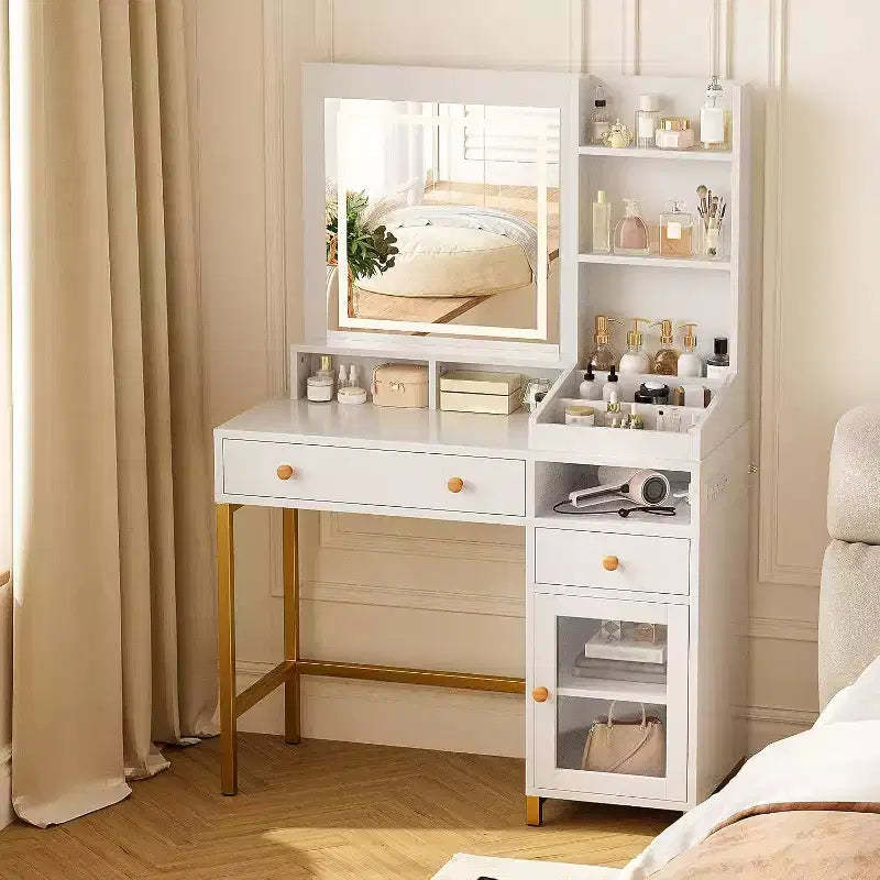 Acekool Vanity Desk with Lighted Mirror, Power Outlet, Acrylic Cabinet, 2 Drawers, Open Storage Shelves, 3-Color LED, Makeup Table, White