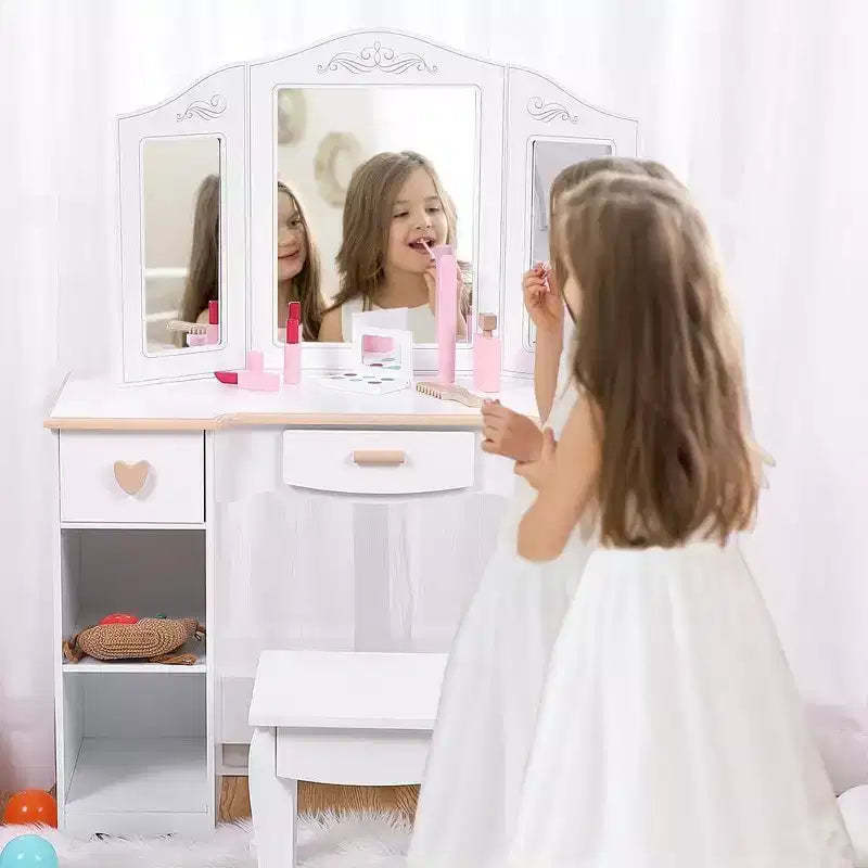 Acekool Kids Vanity Set with Mirror, Drawers, Wooden Pretend Makeup Toys, Stool & Storage, CPSIA Certified, for Ages 3-9