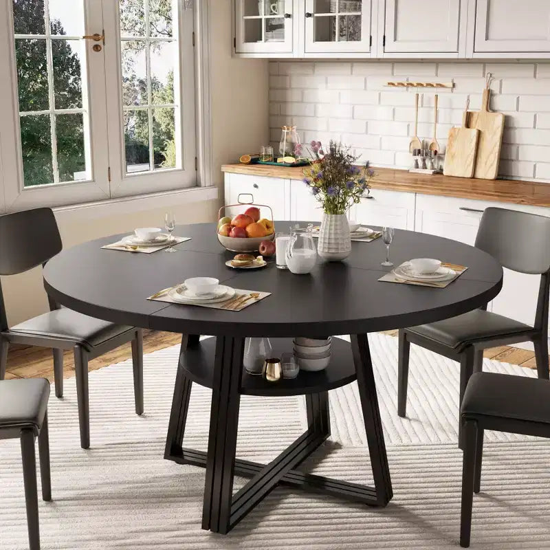47.2 Farmhouse Kitchen Table with Storage  Round Dining Table Seats 4-6, Multi-Purpose Circle Dinner Table for Dining Room, Living Room & Office