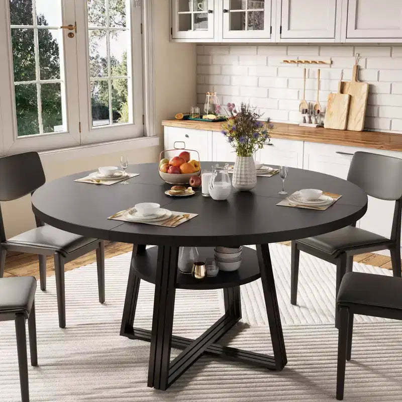 47.2 Farmhouse Kitchen Table with Storage  Round Dining Table Seats 4-6, Multi-Purpose Circle Dinner Table for Dining Room, Living Room & Office