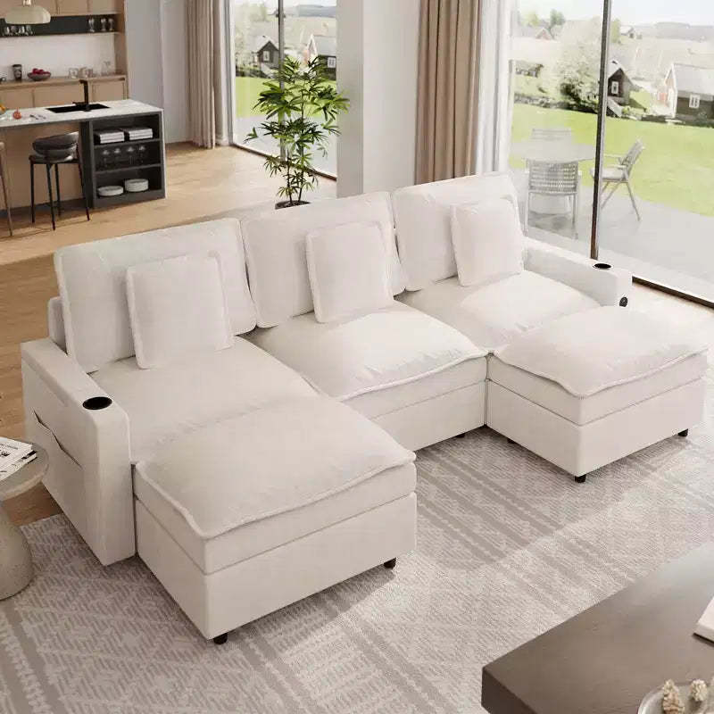 108 Inch Chenille Modular U Shaped Cloud Couch, 3-Seater Sofas with Movable Ottoman and Cup Holder, Sectional Couches for Living Room