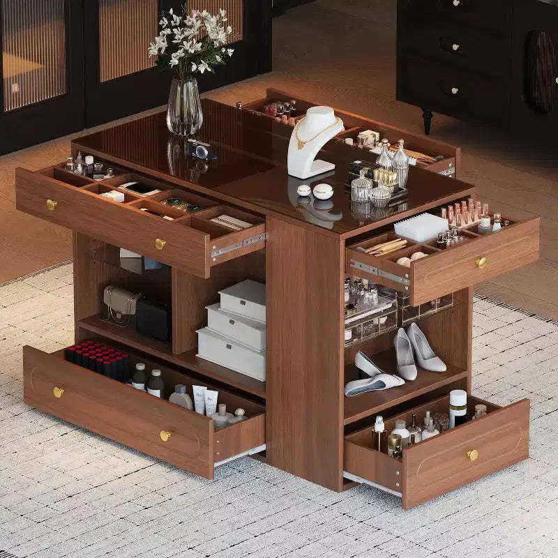 Closet Island with 6 Drawers, Dresser with Glass Display Top & Open Shelves, Jewelry Storage Vanity Island Display Cabinet - ModernLuxe