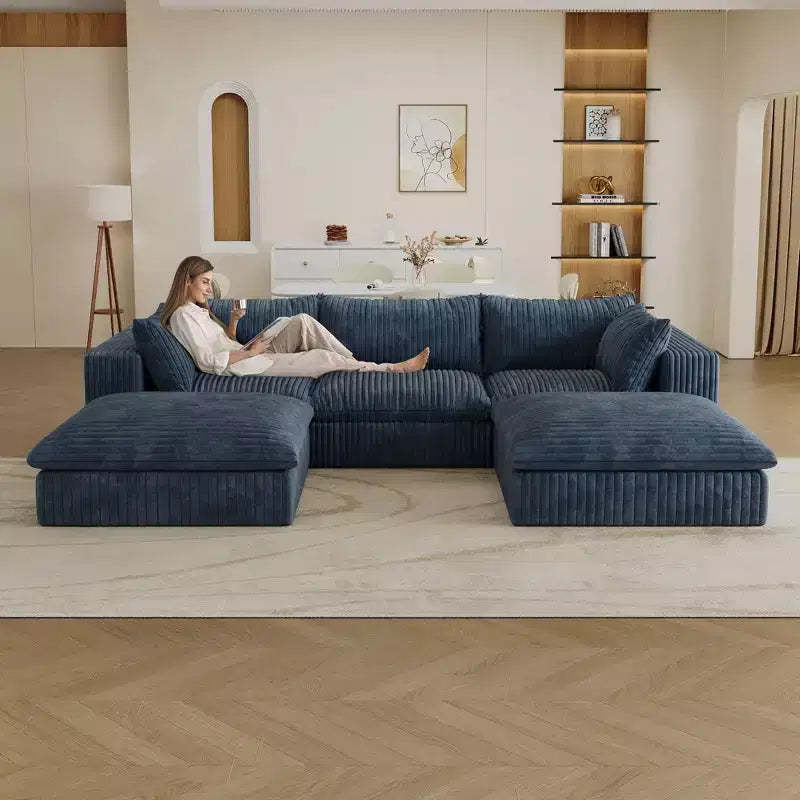 118.2 Blue Corduroy Fabric DIY Combination Cloud Sofa Deep Seat Couches with 2 Ottomans Double-layer design Removable Cushion No Assembly