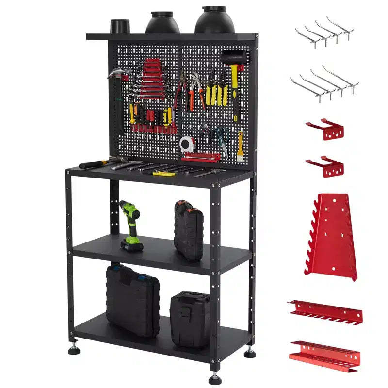 Workbench with Pegboard, Desktop Capicity , Heavy-Duty Steel Garage Workbench- with Hanging Kits and Storage Shelves, for Workshop, Garage
