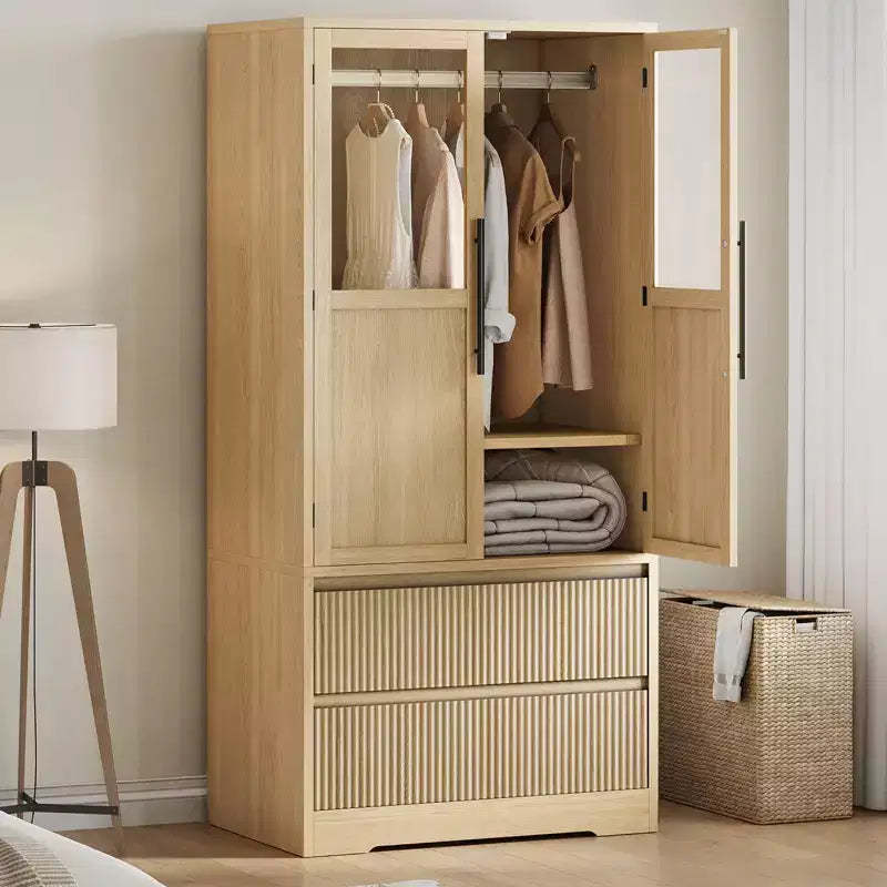 GustoWave Bedroom Wooden Armoire Wardrobe Closet, Wardrobe Armoire Cabinet with Glass Doors and 2 Drawers, Freestanding Armoire with Shelves