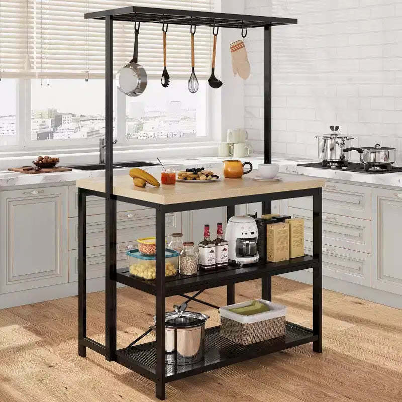 42 Kitchen Island - Microwave Stand & Baker's Rack with 3-Tier Storage Shelves, 5 Hooks & Removable Top (Natural)