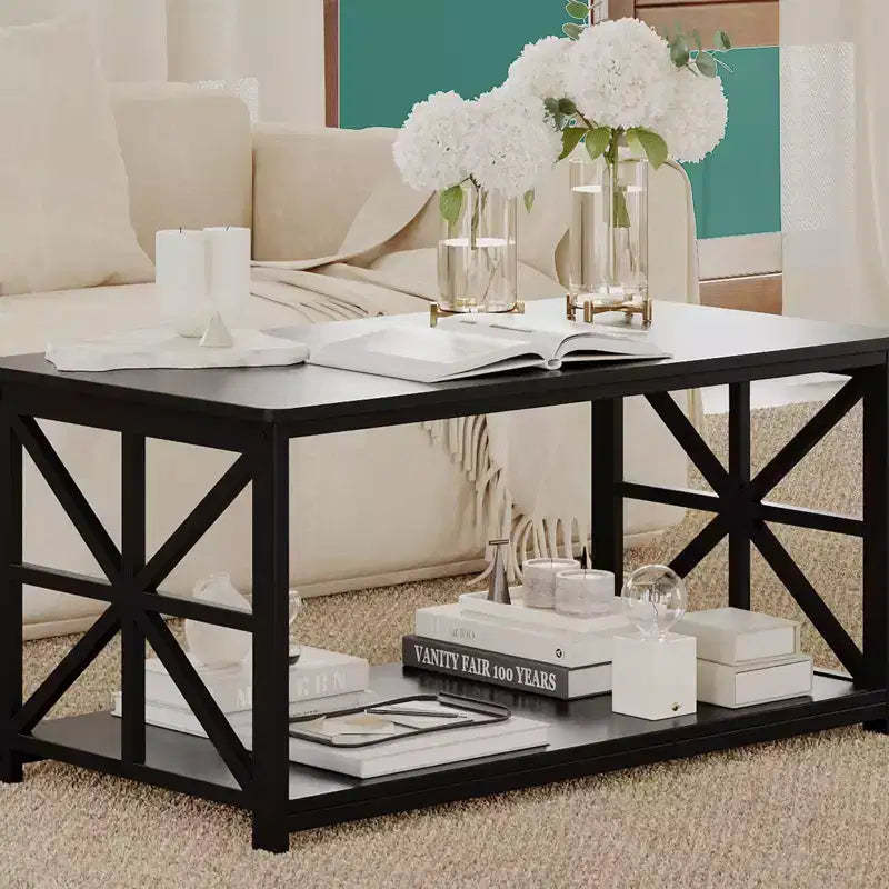 2-Tier Coffee Table, X-Frame Living Room Table with Storage Shelf for Small Spaces, Durable Rectangle Center Table