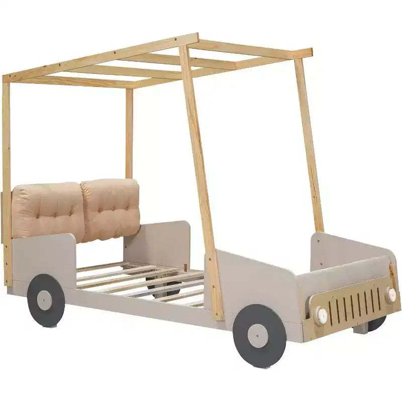 Acekool Car-Shaped Platform Bed Frame for Kids, with Headboard Pillow, Ceiling Cloth Canopy, LED Lights, No Box Spring Needed