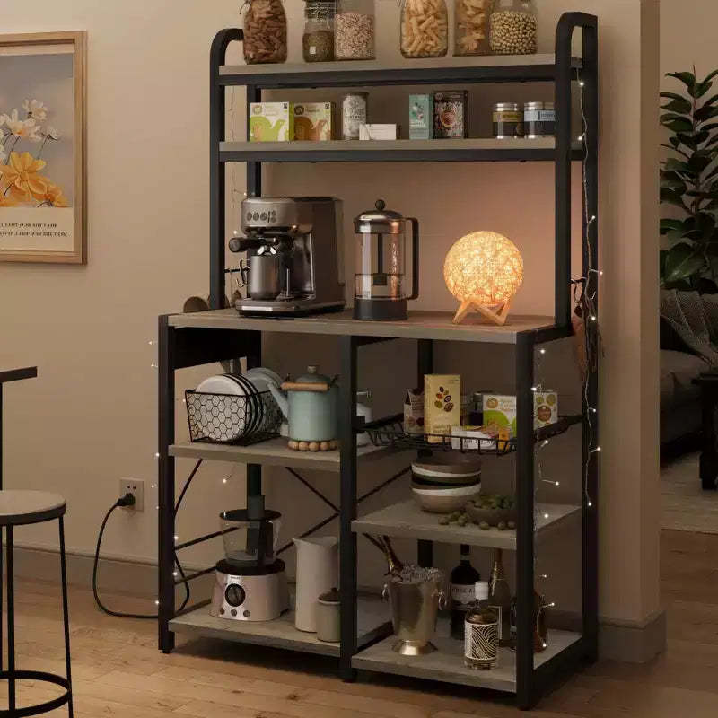 Industrial Kitchen Bakers Rack with Power Outlet - 6-Tier Space-Saving Microwave Stand