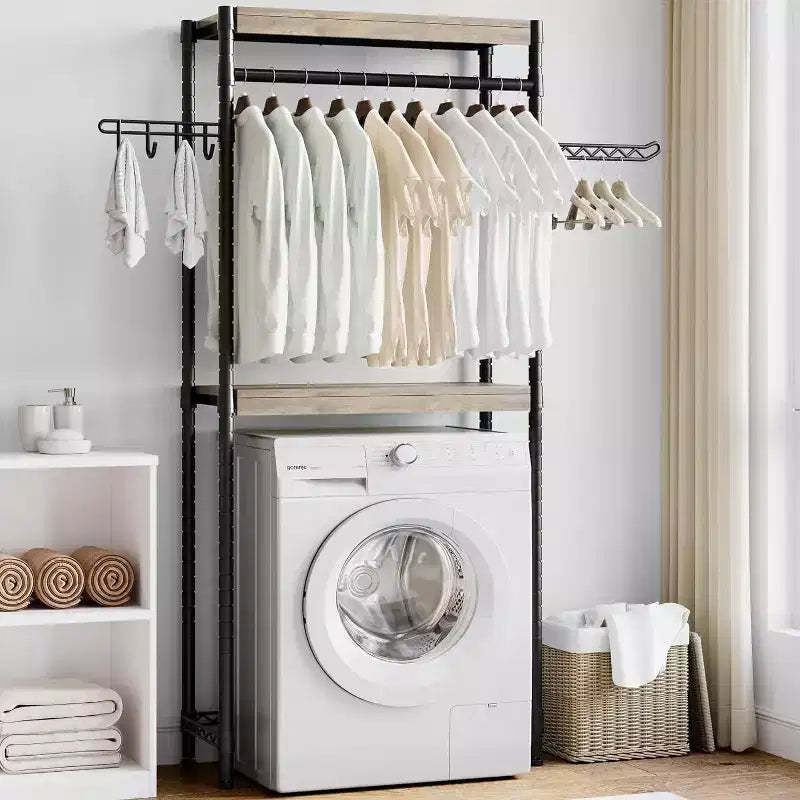 Acekool 30 Adjustable Laundry Organizer - 4-Tier Storage Shelf with Drying Hooks (Gray/Black)