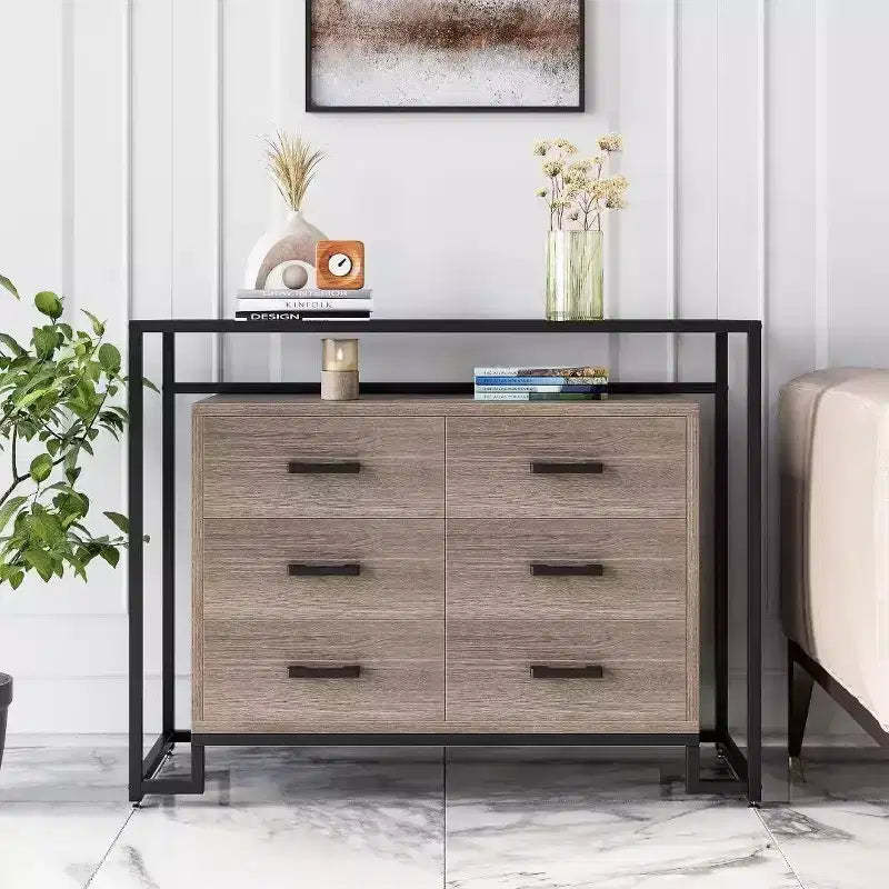 Acekool 6-Drawer Dresser with Tempered Glass Shelves - Brown/Wood