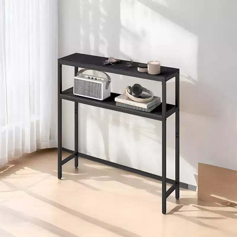 LEDREM Modern 2-Tier Console Table, Narrow Sofa Table with Dual Shelves, Entryway Table, Sturdy Steel Frame, Ink Black