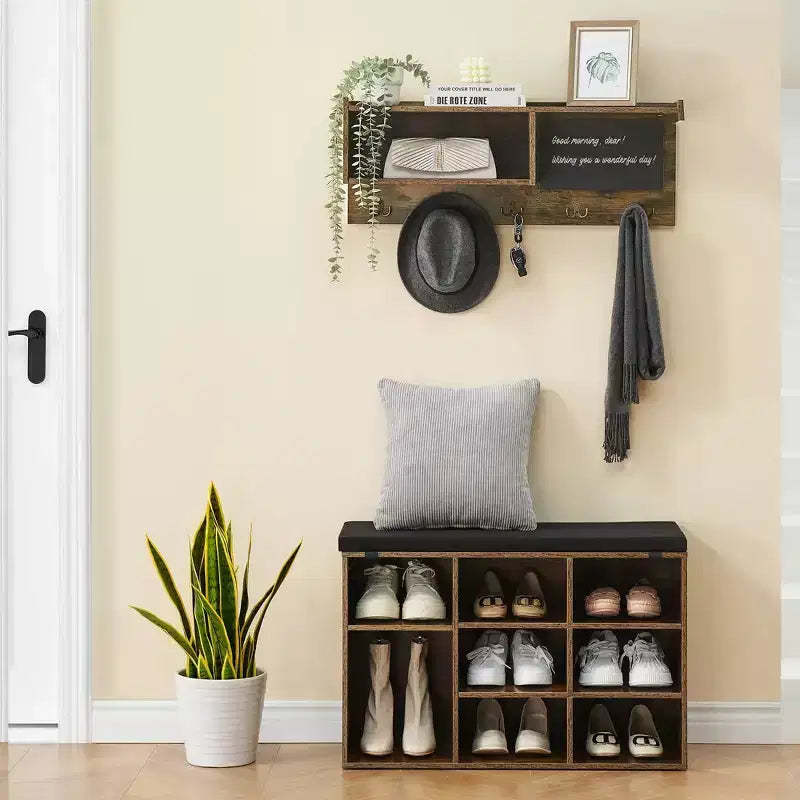 Hall Tree Shoe Bench Industrial 6 in 1 Coat/Shoe Rack with 5 Hooks, 9 Storage Cubbies with Bookshelf and Small Blackboard