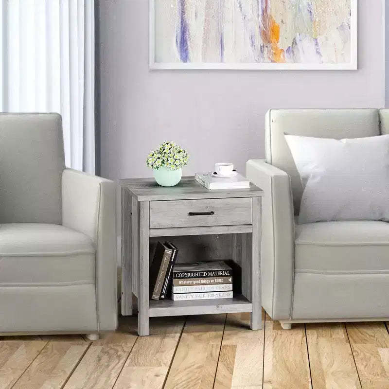 Acekool Farmhouse Grey Square Nightstand, Bedside Table with Drawer, End Table, Accent Table for Bedroom or Living Room