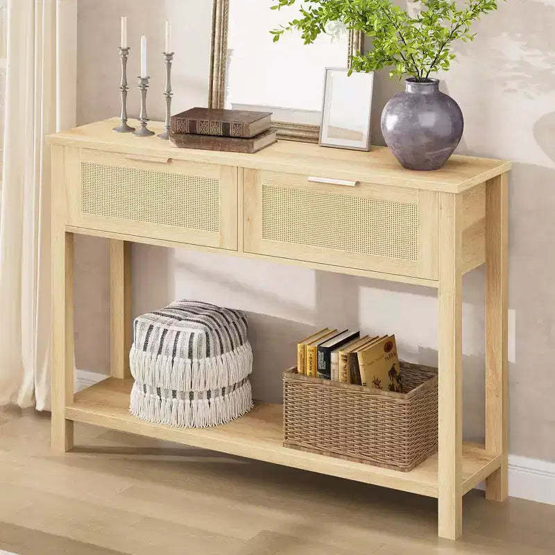 TROPOW 43 Inch Rattan Console Table, Entryway Table with 2 Drawers Storage Shelf Woven Design, Farmhouse Sofa Table TV Stand