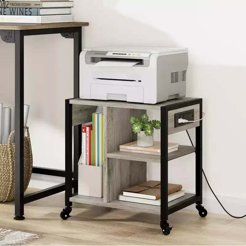 Under Desk Printer Stand, Industrial Printer Table with 3 Storage Shelves, Mobile Heavy Duty Printer Cart with Lockable Wheels, Home Office