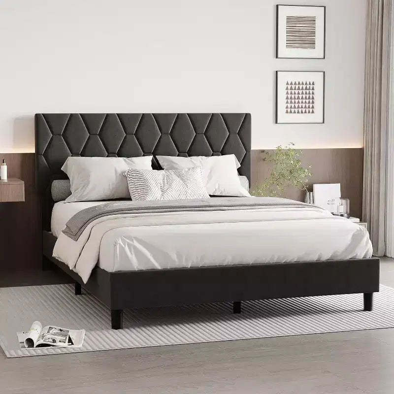 Acekool Upholstered Platform Bed - Queen Size with Headboard & Wood Slats