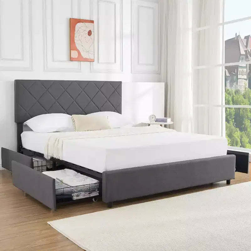 Acekool Queen Bed - Adjustable Headboard & Storage
