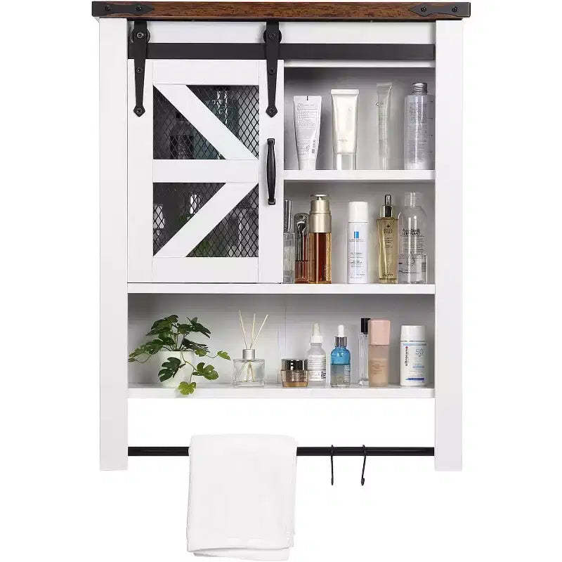 Wall-Mounted Bathroom Cabinet with Sliding Barn Door and Adjustable Shelf, Farmhouse-Style Over-Toilet Storage with Towel Bar, Suitable for Bathroom