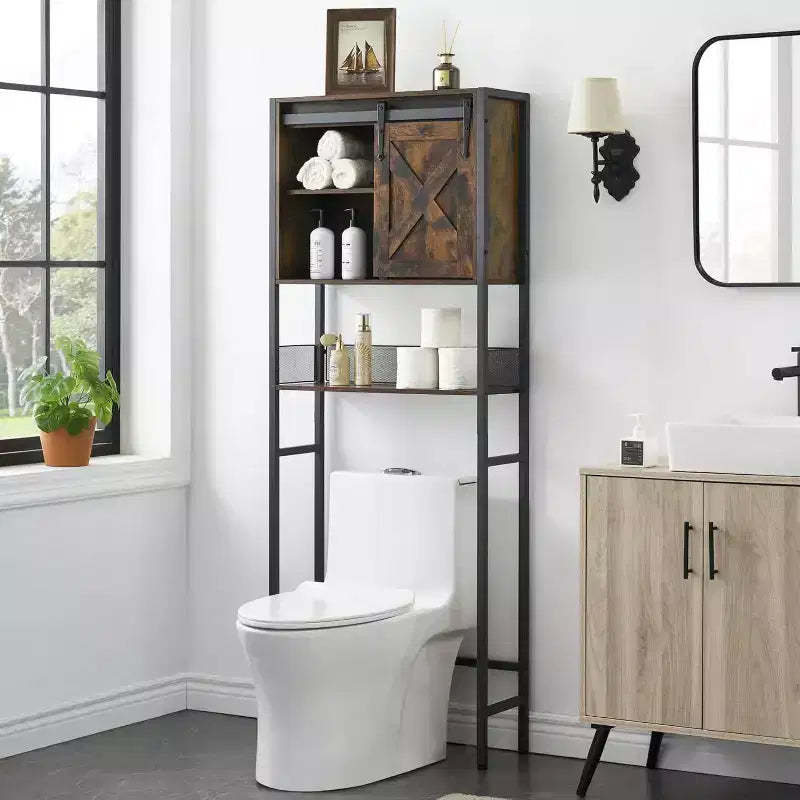 Farmhouse Style Over Toilet Storage Cabinet with Sliding Door and Adjustable Shelf, Rustic Brown Bathroom Organizer, Space-Saving