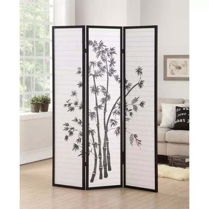 MAYEERTY 3 Panel Privacy Room Divider Bamboo Parttern Wood Paper Black 54x71
