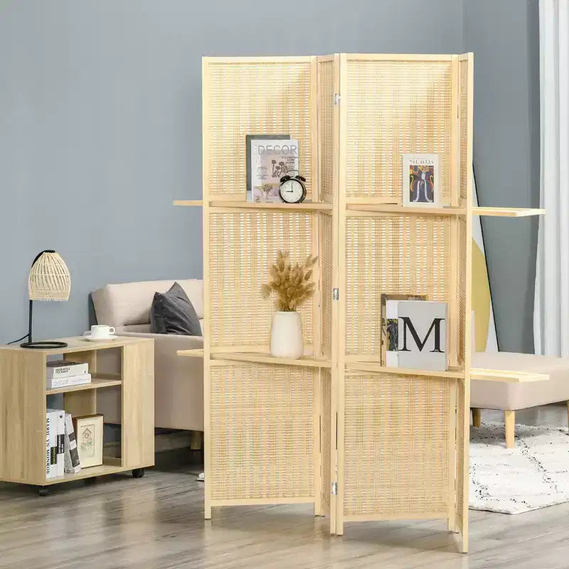 MAYEERTY 4 Panel Folding Room Divder Freestanding Bamboo Privacy Screen with Storage Shelves for Bedroom Natural Wood