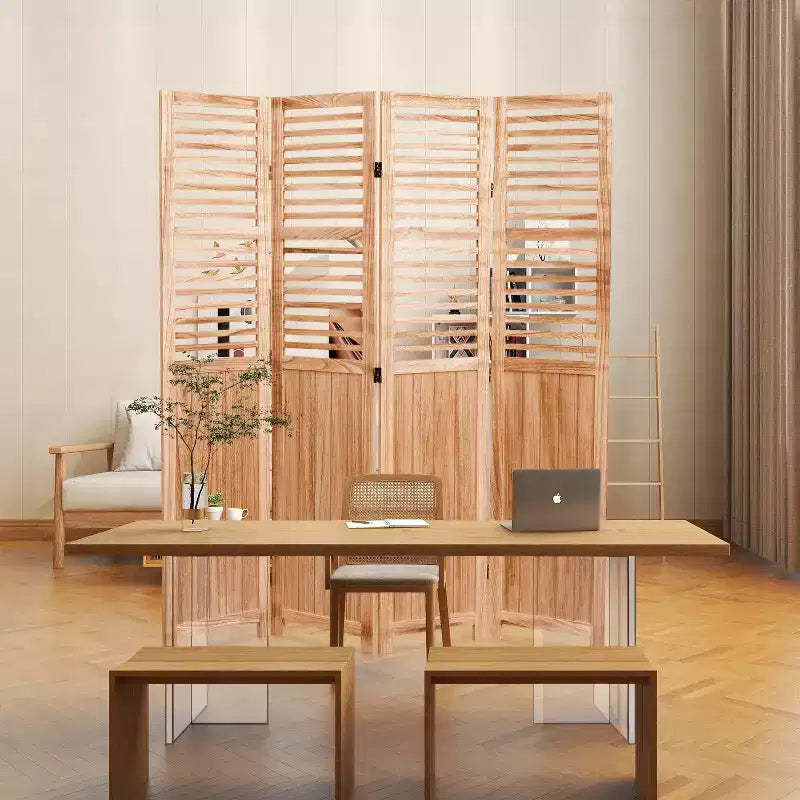 MAYEERTY 4 Panel Solid Wood Folding Room Divider Privacy Natural 55.2x65