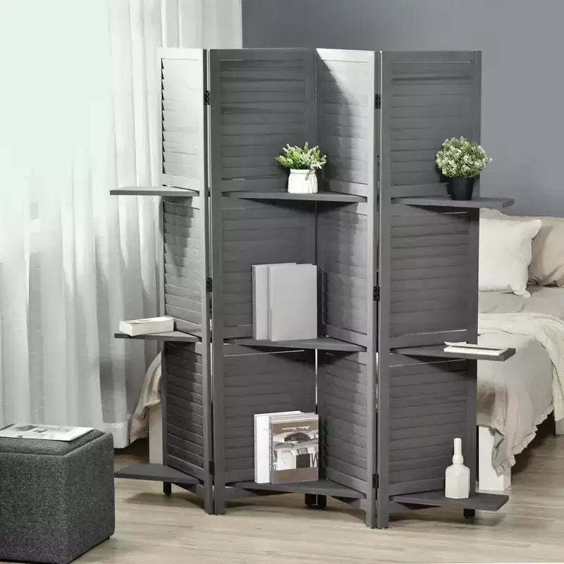 MAYEERTY 4 Panel Folding Room Divider Freestanding Paulownia Wood Privacy Screen Panel with Storage Shelves for Bedroom Office Gray