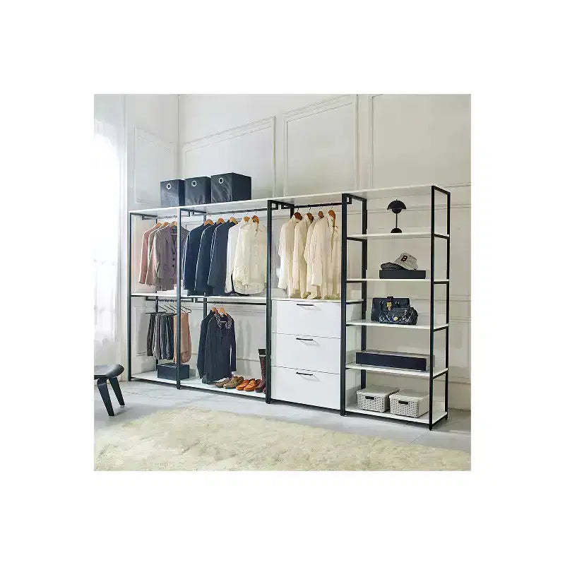 HomeStock 77.7 in.H x 143 in.W White Wood Composite Closet System for Universal Storage with Storage Bins