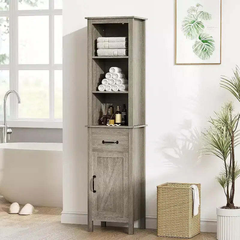 Slim Bathroom Storage Cabinet with Adjustable Shelves, Farmhouse-Style Narrow Bookcase for Organizing Bathroom and Living Room Essentials, Grey