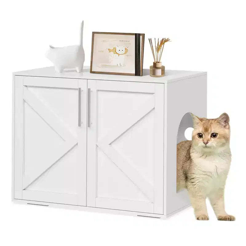 Cat Litter Box Enclosure, Hidden cat Litter Box Furniture with with 2 Doors and Pads, Wooden Kitty Litter Box Cabinet Furniture ( 1 Room)