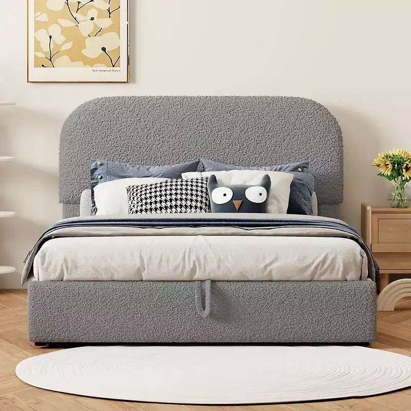 Whisen Queen Size Teddy Fleece Upholstered Platform Bed with Curved Headboard, Hydraulic Storage