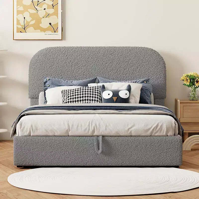 Whisen Queen Size Teddy Fleece Upholstered Platform Bed with Curved Headboard, Hydraulic Storage