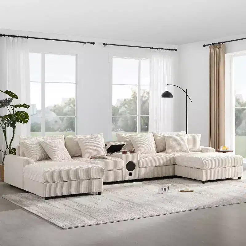Modular Corduroy Sectional Sofa with Ottoman, Bluetooth Speaker, Cup Holders, Wireless Charging, Storage Armrest, 6 Seats