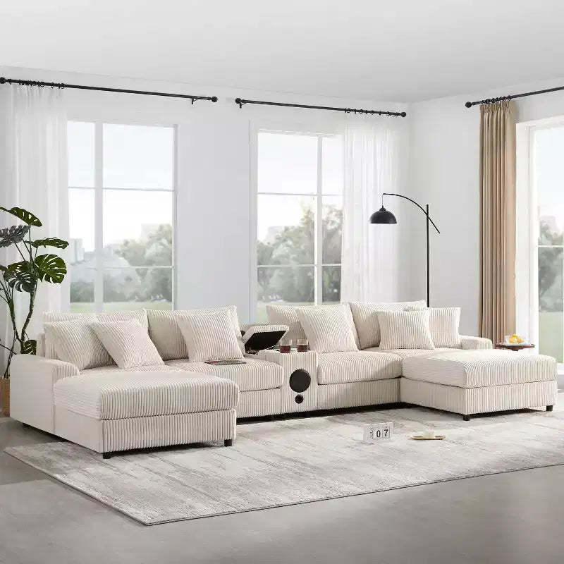 Modular Corduroy Sectional Sofa with Ottoman, Bluetooth Speaker, Cup Holders, Wireless Charging, Storage Armrest, 6 Seats