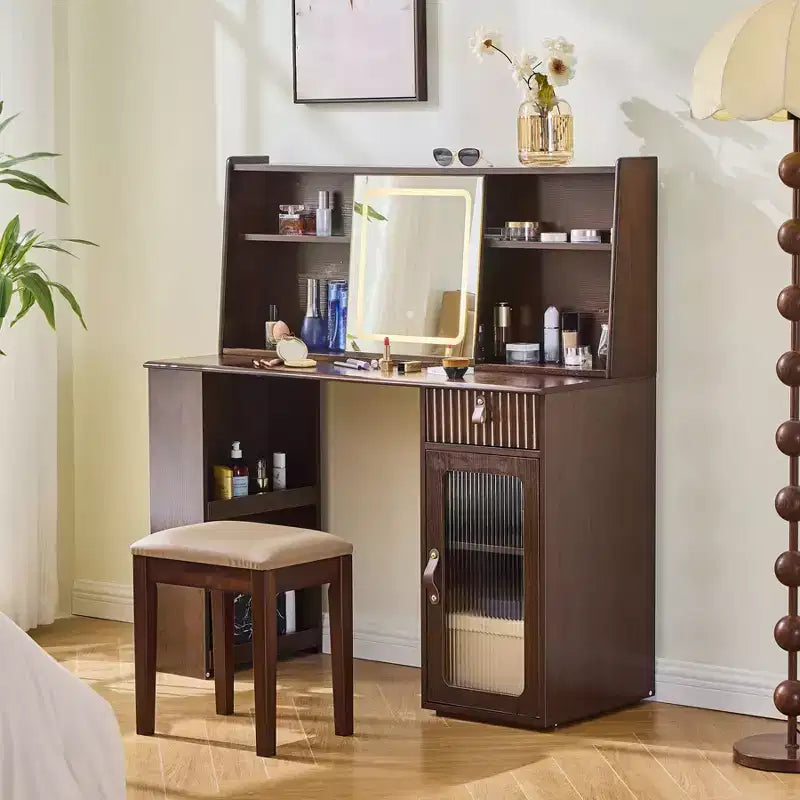 Makeup Vanity Desk with Mirror & Stool, 47W Large Dressing Table with Open Storage Shelves, Modern Makeup Vanity Table for Bedroom Dressing Room