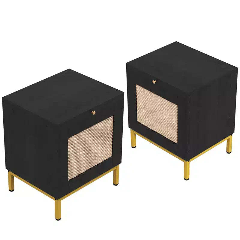 MDF Natural Rattan Iron End Table Set of 2, Bedroom Side Tables, Stylish Natural Rattan, Sturdy Iron Frame, Compact Design, and Versatile Use