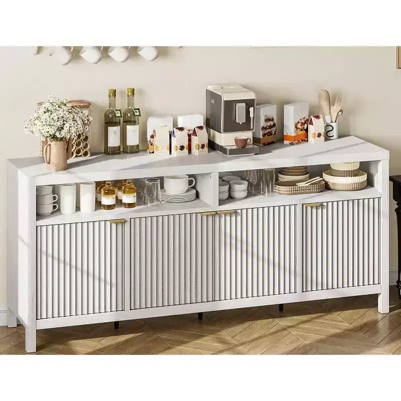 Modern Fluted Sideboard Buffet Cabinet with 65.8-Inch Width, Four Doors for Kitchen Storage, Elegant Wood Sideboard for Dining Room