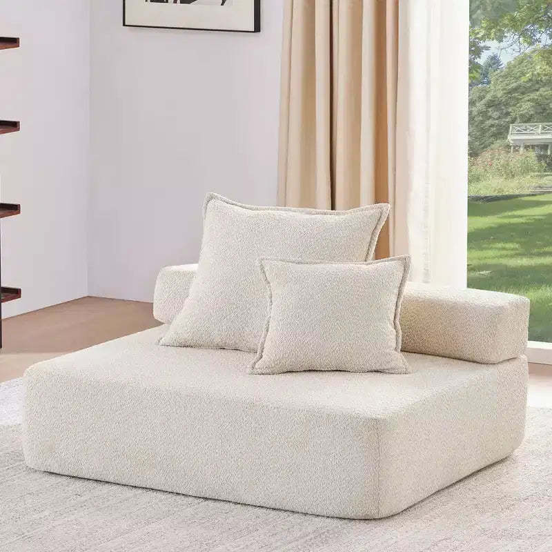 Oversized Modular Boucle Corner Sofa Seat, Foam-Filled Floor Couch with 2 Pillows, Convertible Sectional, 1 Seat, Beige