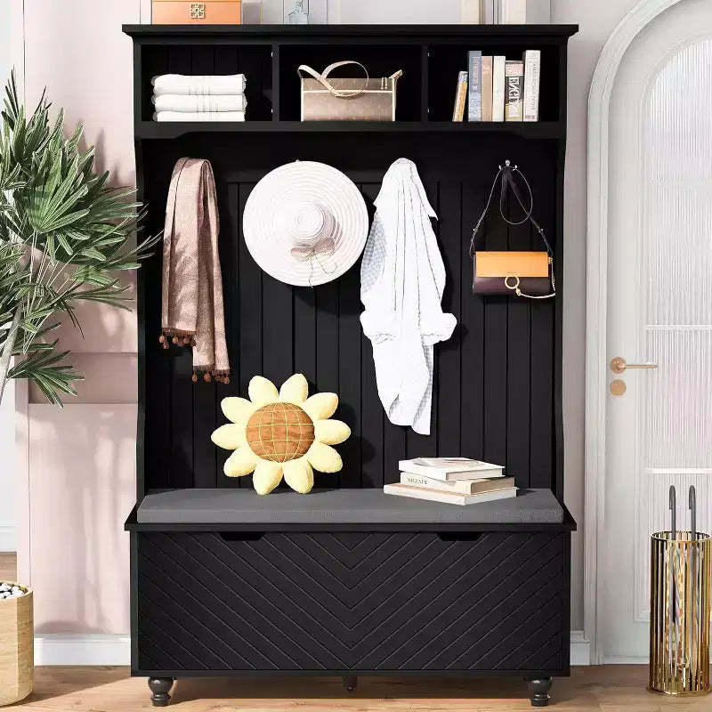 47-Inch Wide Entryway Bench, 4-in-1 Hall Tree with Storage, 4 Hooks & Cushion, Space-Saving Shoe Organizer for Mudroom, Black