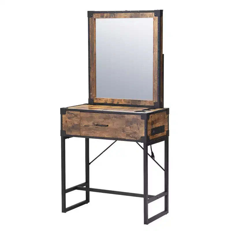 Sandinrayli Wall Mount Salon Station with Mirror,Hair Stylist Barber Station with Charging Station and Appliance Holders Rustic Brown