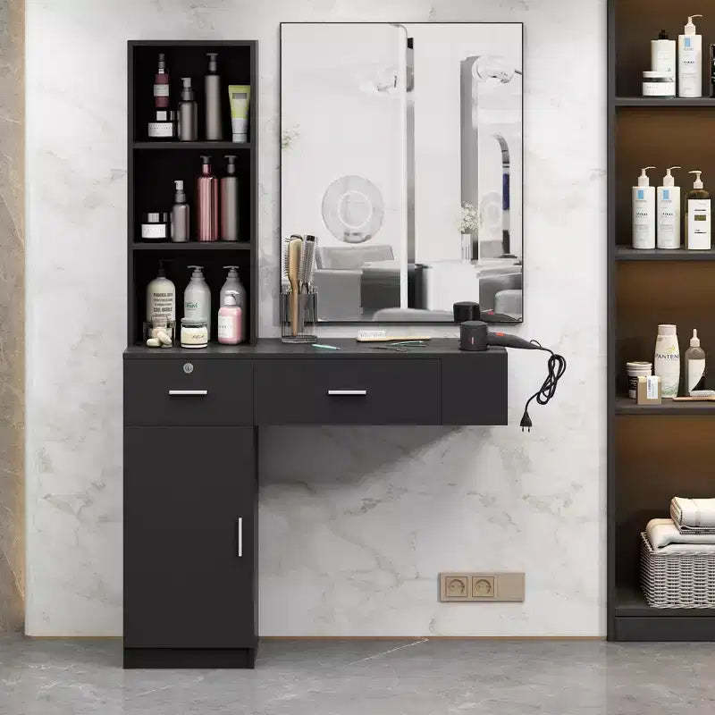 Sandinrayli Wall Mount Salon Barber Station for Hair Stylist,Hair Dressing Station with Storage Cabinet,Black