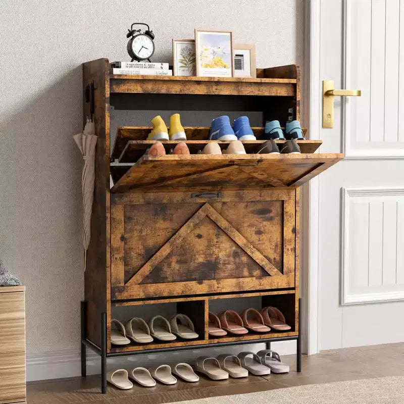 Shoe Cabinet with 2 Flip Drawers, Freestanding Entryway Shoe Storage Organizer, Narrow Rack Cabinet