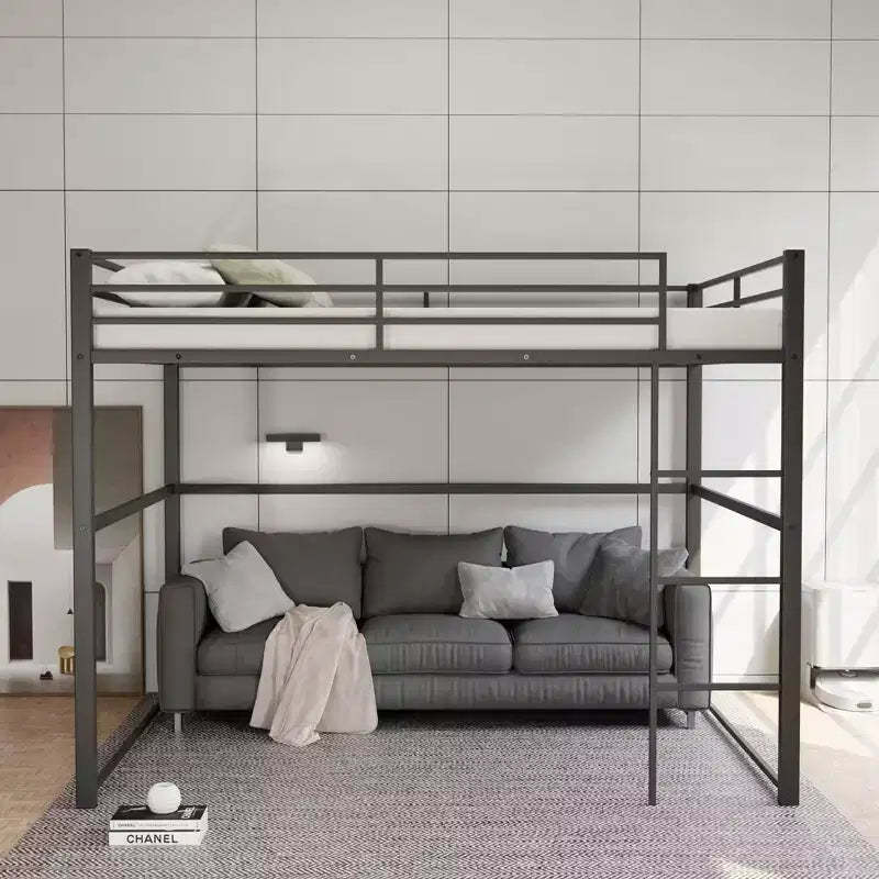 Metal Loft Bed Full Size, Loft Bed Frame with Safety Guard Rails & Flat Ladder, Twin Loft Bed for Kids Teens Adults