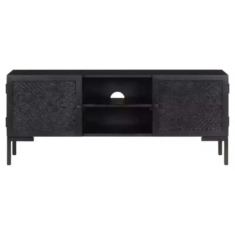 vidaXL Solid Wood TV Stand with Two Shelves and Doors, Powder Coated Steel Frame, Black Finish, Industrial Style, Size: 45.3x11.8x18.1