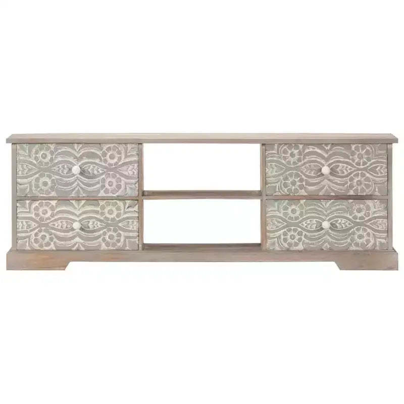 vidaXL TV Stand White and Grey Solid Acacia Wood, Engineered Wood Medium